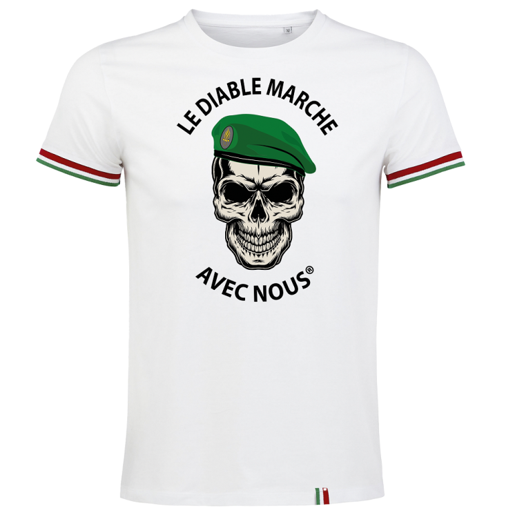 Tee-shirt blanc Le diable marche avec nous® liseré